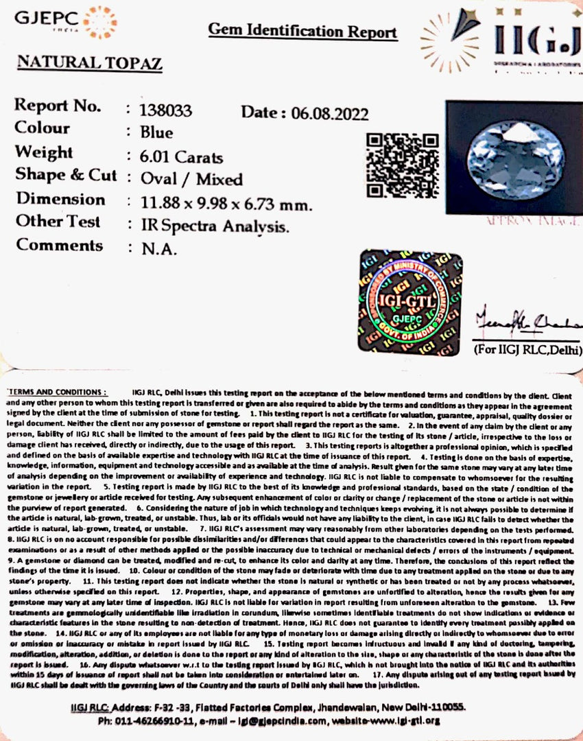 6.67 Ratti Blue Topaz with Govt Lab Certificate-(1665)