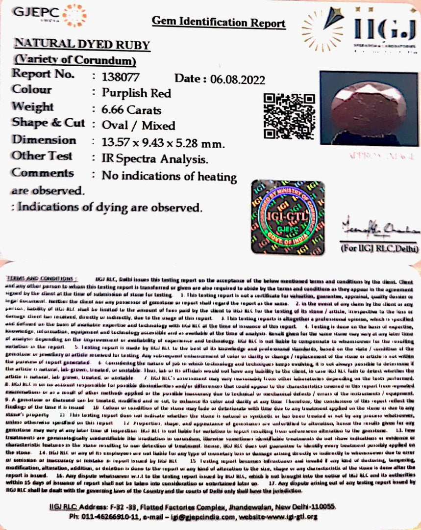 7.39 Ratti Natural Indian Ruby with Govt. Lab Certificate-(1221)