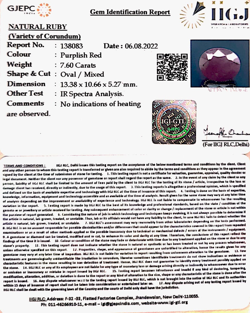 7.60/CT Natural Neo Burma Ruby with Govt. Lab Certificate-5661