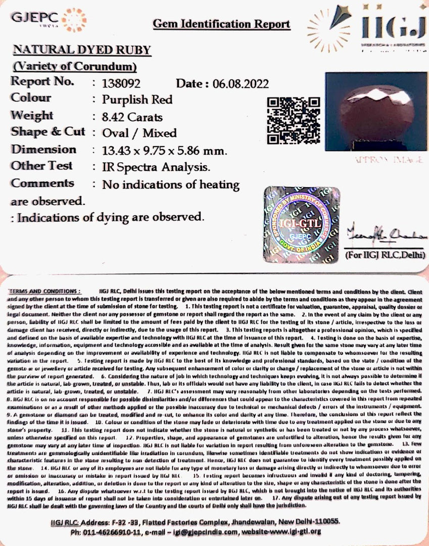 9.34 Ratti Natural Indian Ruby with Govt. Lab Certificate-(1221)