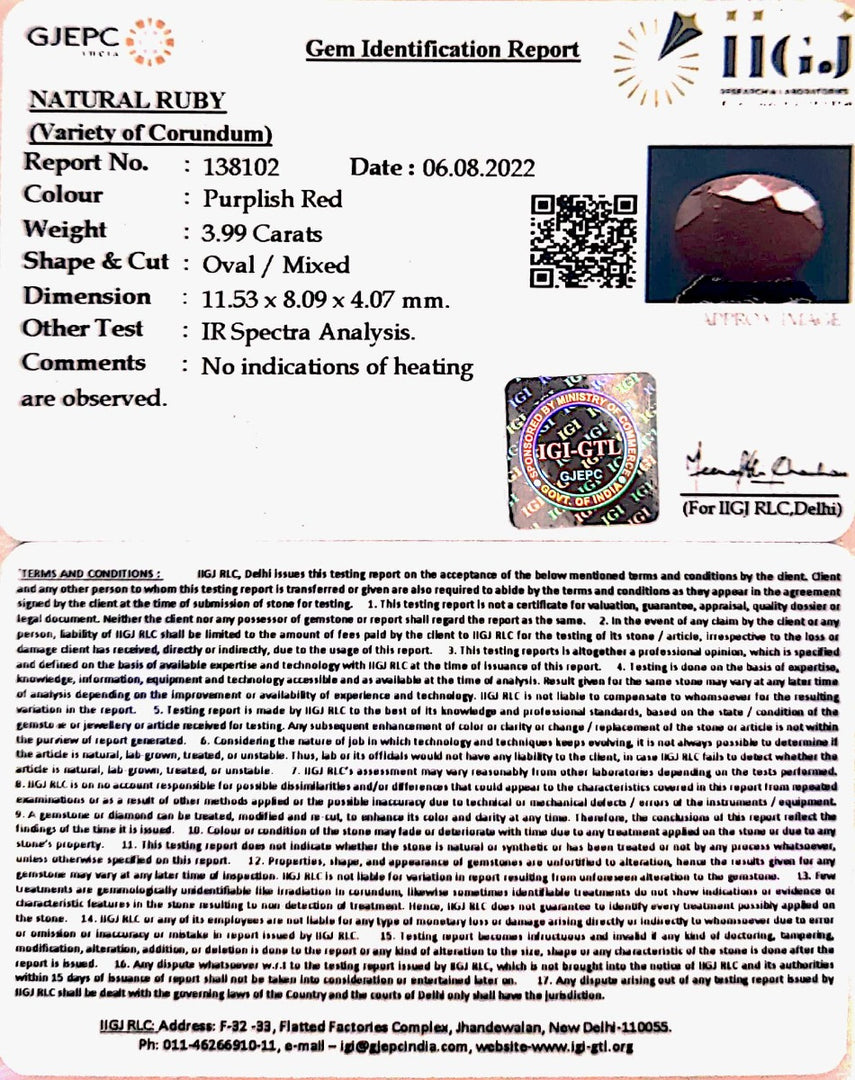 4.42 Ratti Natural Indian Ruby with Govt. Lab Certificate-(1221)