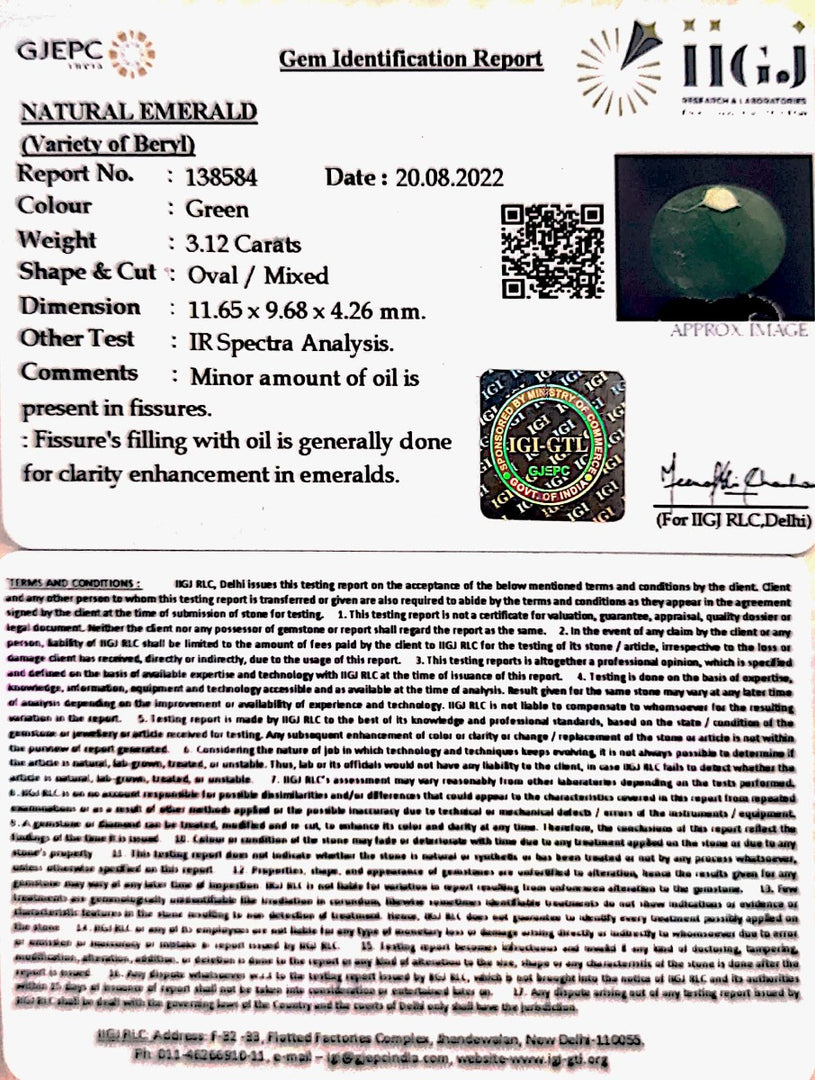 3.12/CT Natural Panna Stone with Govt. Lab Certified (3441)