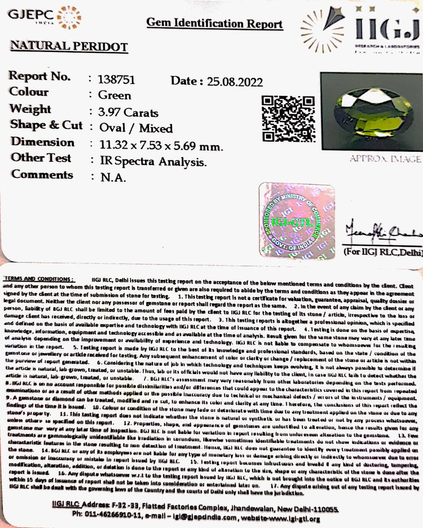 3.97/CT Natural Peridot With Govt.Lab Certificate-(5661)