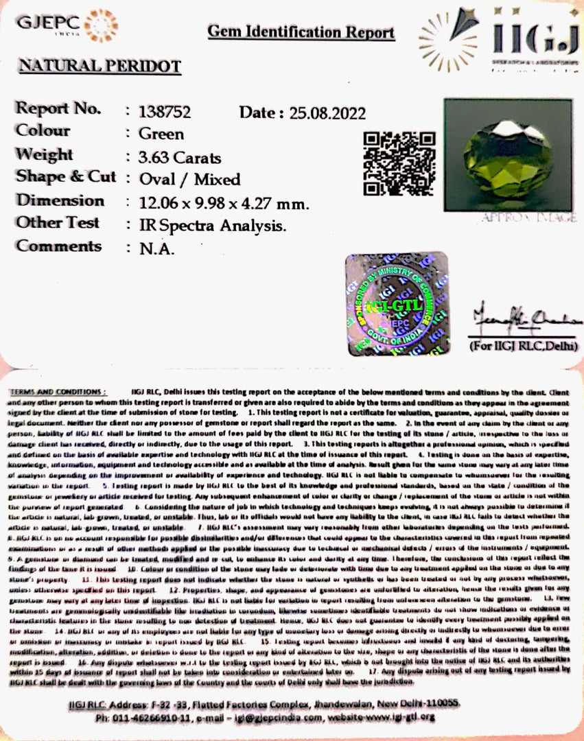 3.63/CT Natural Peridot With Govt.Lab Certificate-(5661)