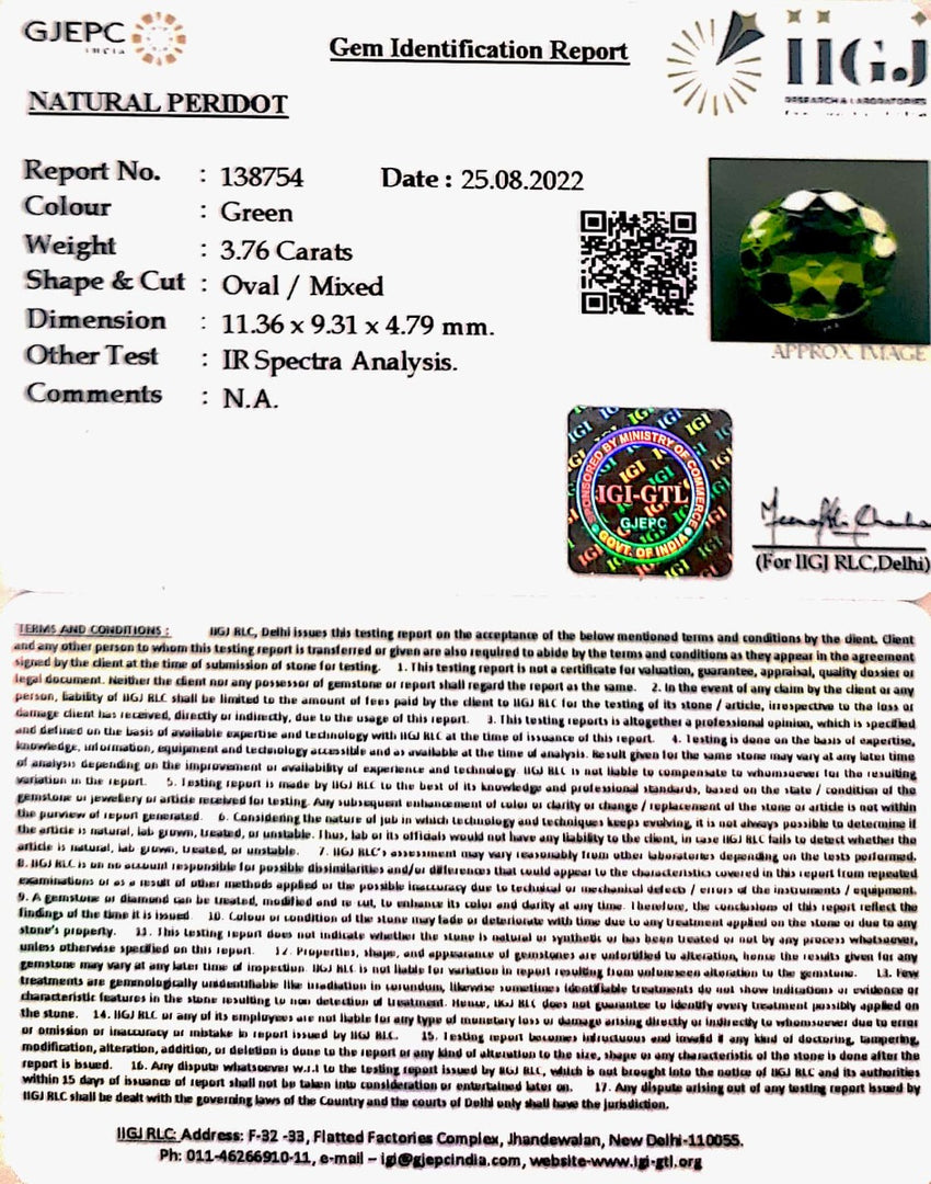 3.76/CT Natural Peridot With Govt.Lab Certificate-(5661)