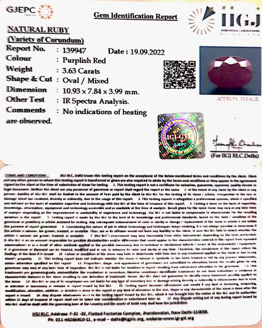 3.63/CT Natural Neo Burma Ruby with Govt. Lab Certificate-4551