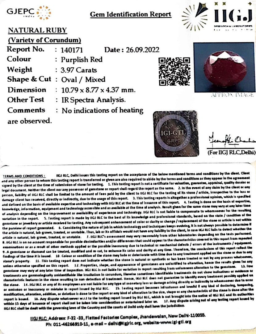 3.97/CT Natural Indian Ruby with Govt. Lab Certificate-(1221)