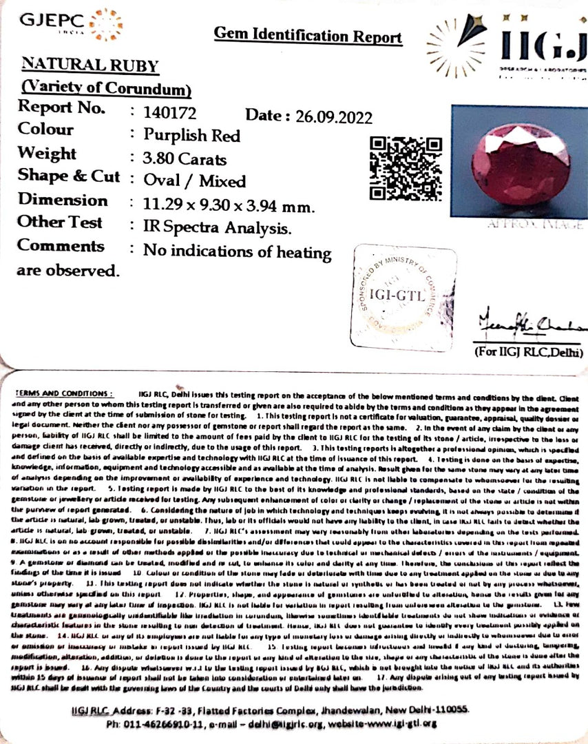 3.80/CT Natural Indian Ruby with Govt. Lab Certificate (1221)