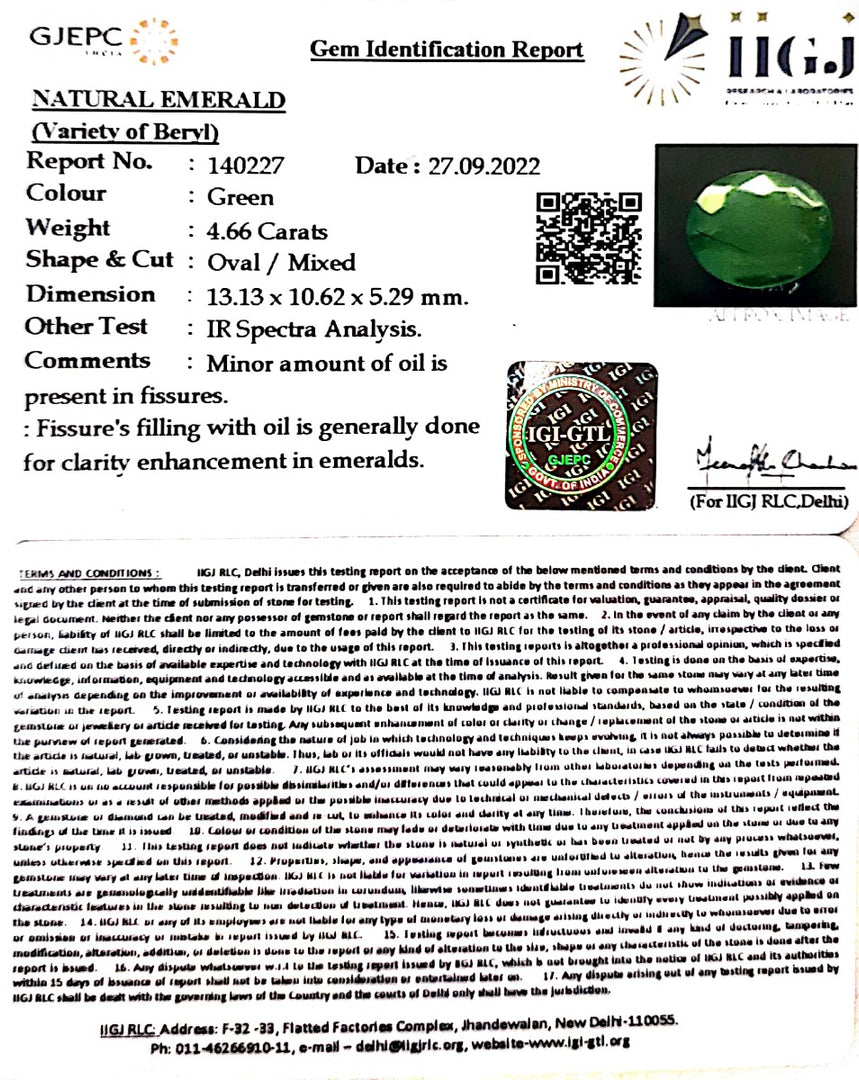 4.66/CT Natural Panna Stone with Govt. Lab Certified (3441)