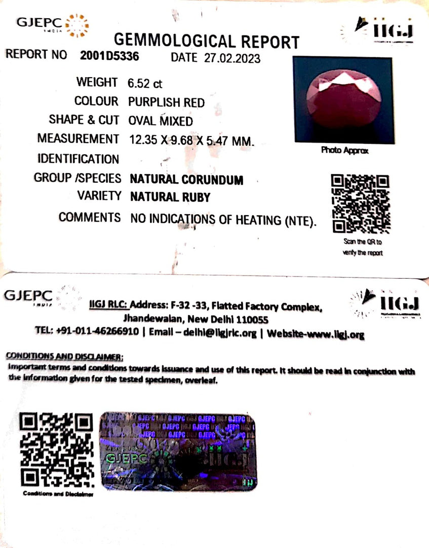 6.52/CT Natural Indian Ruby with Govt. Lab Certificate (1221)