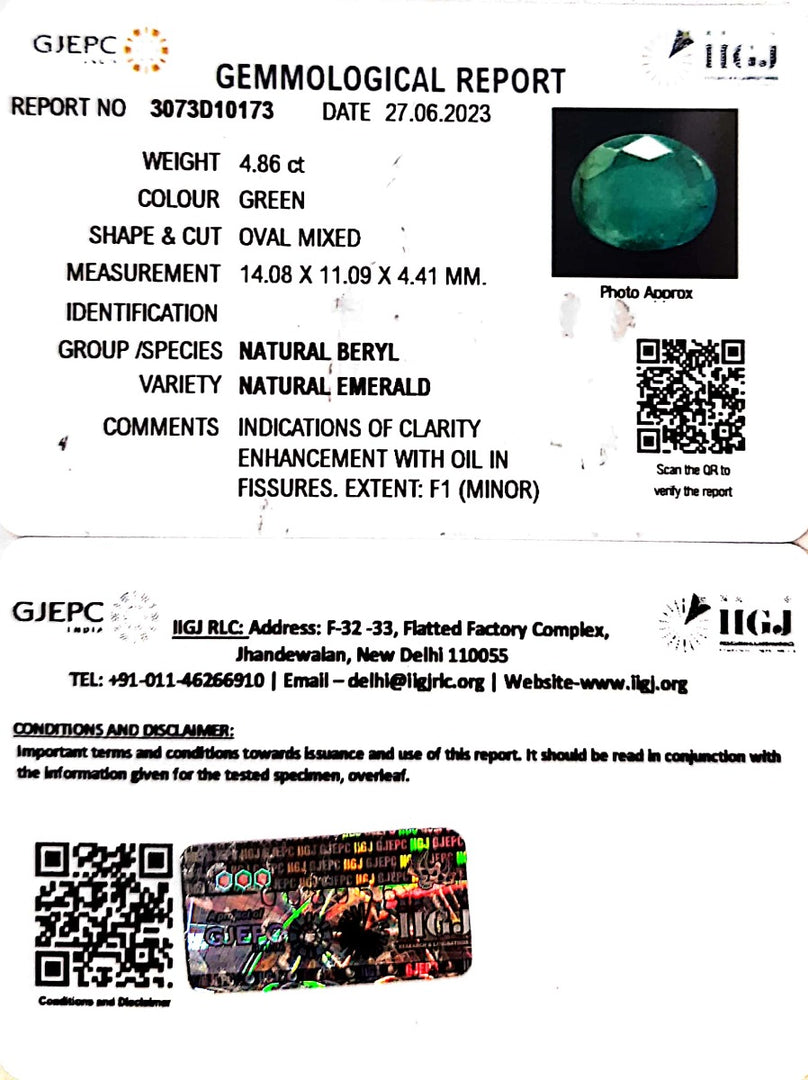 4.86/CT Natural Panna Stone with Govt. Lab Certificate  (3441)