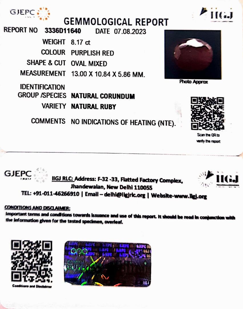 8.17/CT Natural Indian Ruby with Govt. Lab Certificate (1221)