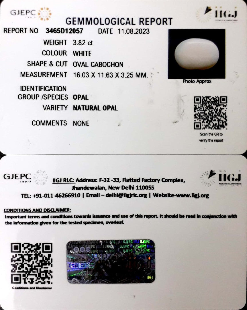 3.82/CT Natural Opal with Govt. Lab Certificate (832)