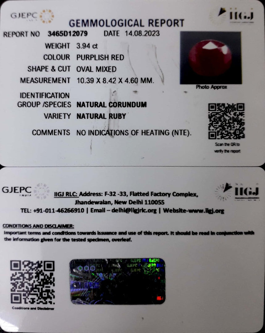 3.94/CT Natural Neo Burma Ruby with Govt. Lab Certificate (5661)