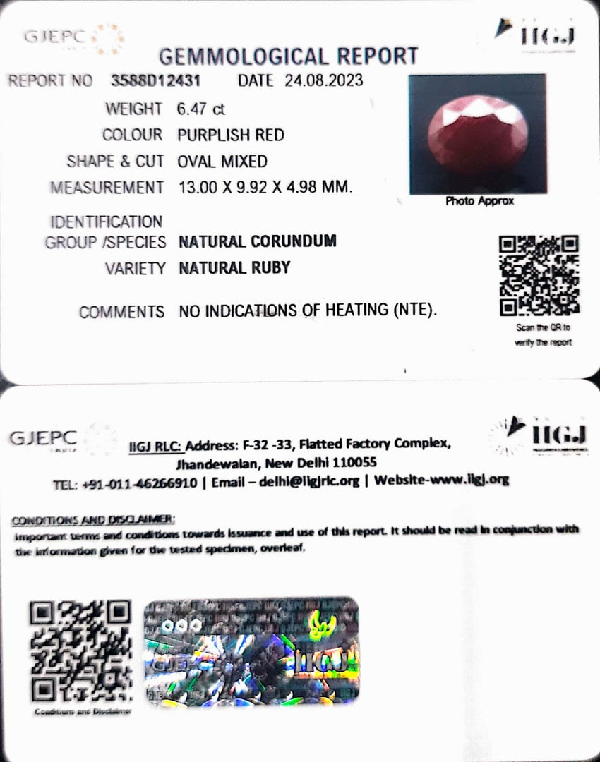 6.47/CT Natural Indian Ruby with Govt. Lab Certificate (1221)