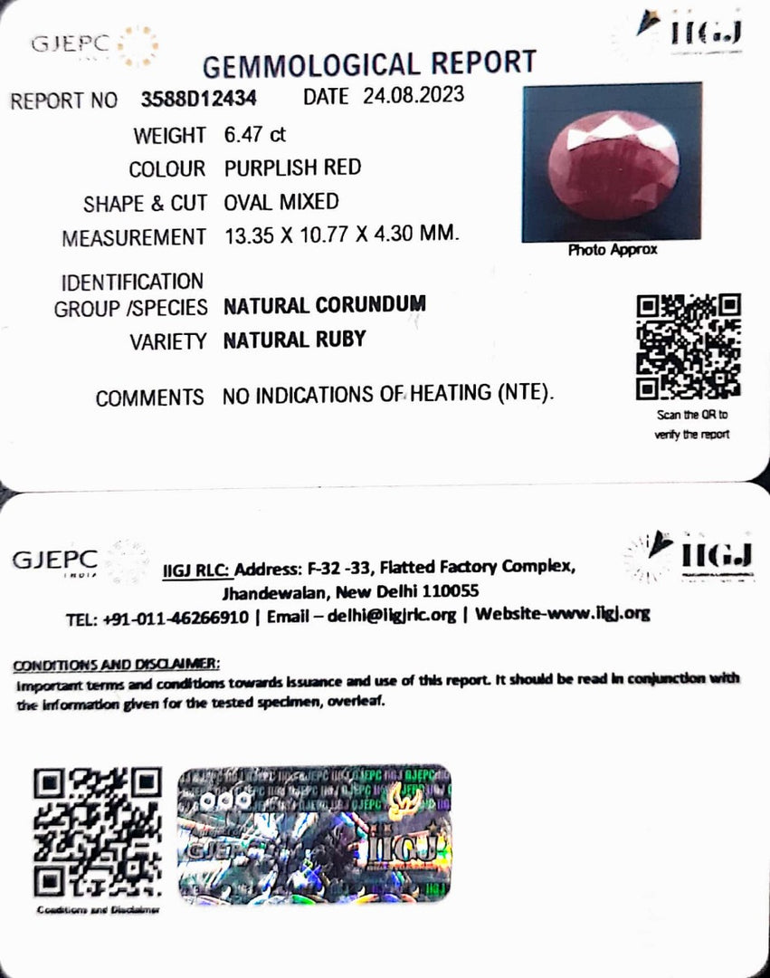 6.47/CT Natural Indian Ruby with Govt. Lab Certificate (1221)