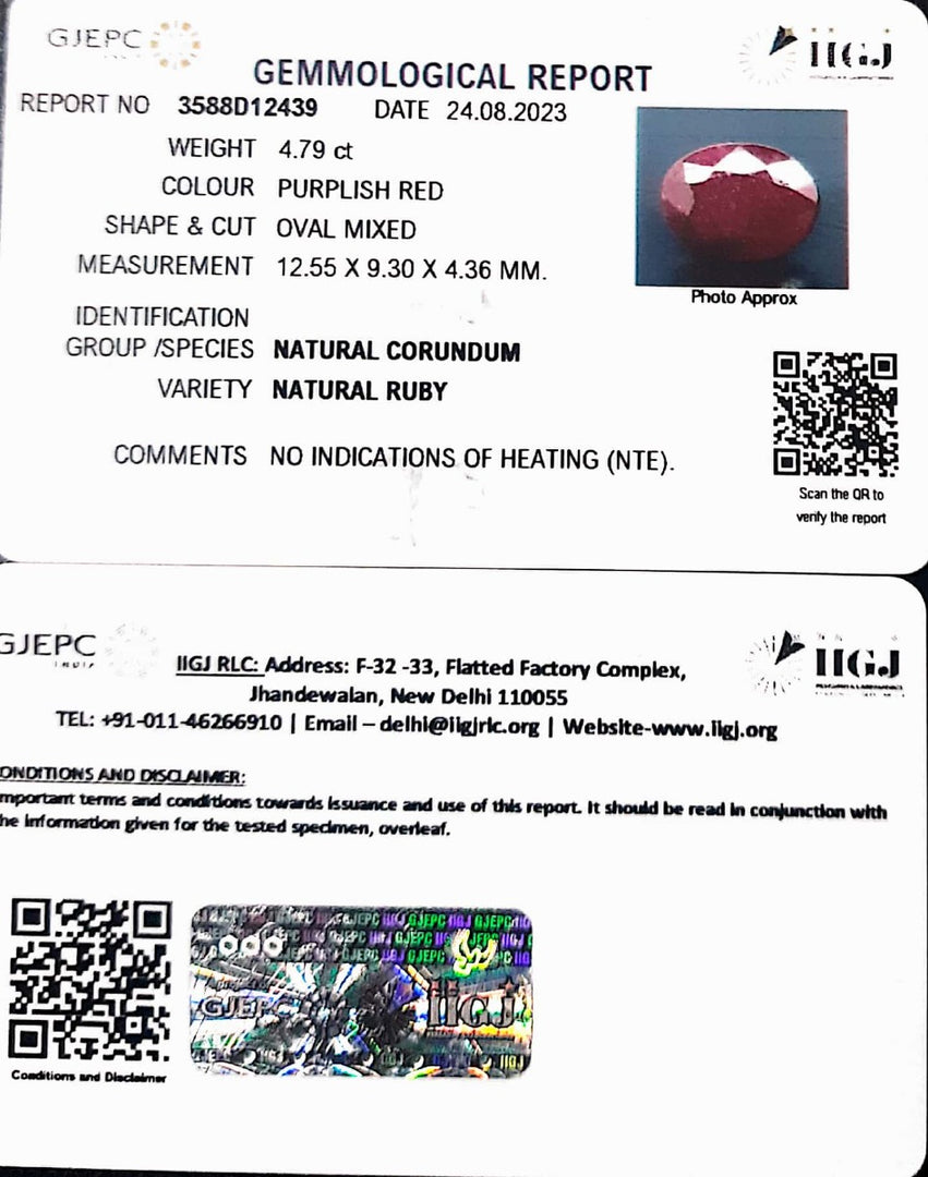 4.79/CT Natural Indian Ruby with Govt. Lab Certificate (1221)