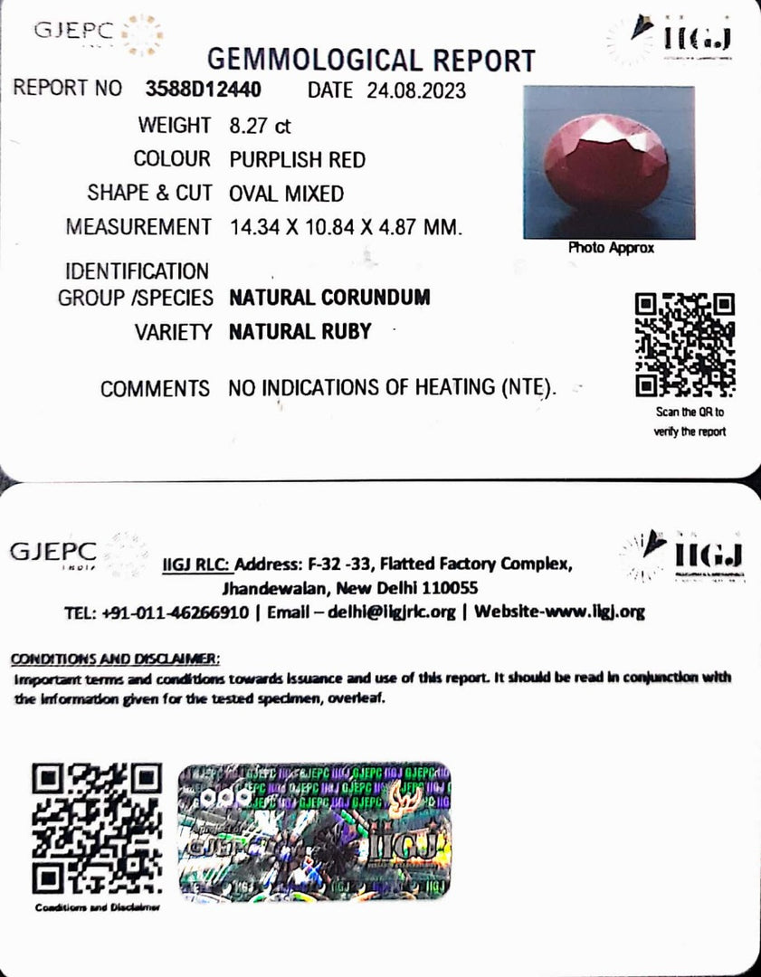 8.27/CT Natural Indian Ruby with Govt. Lab Certificate (1221)