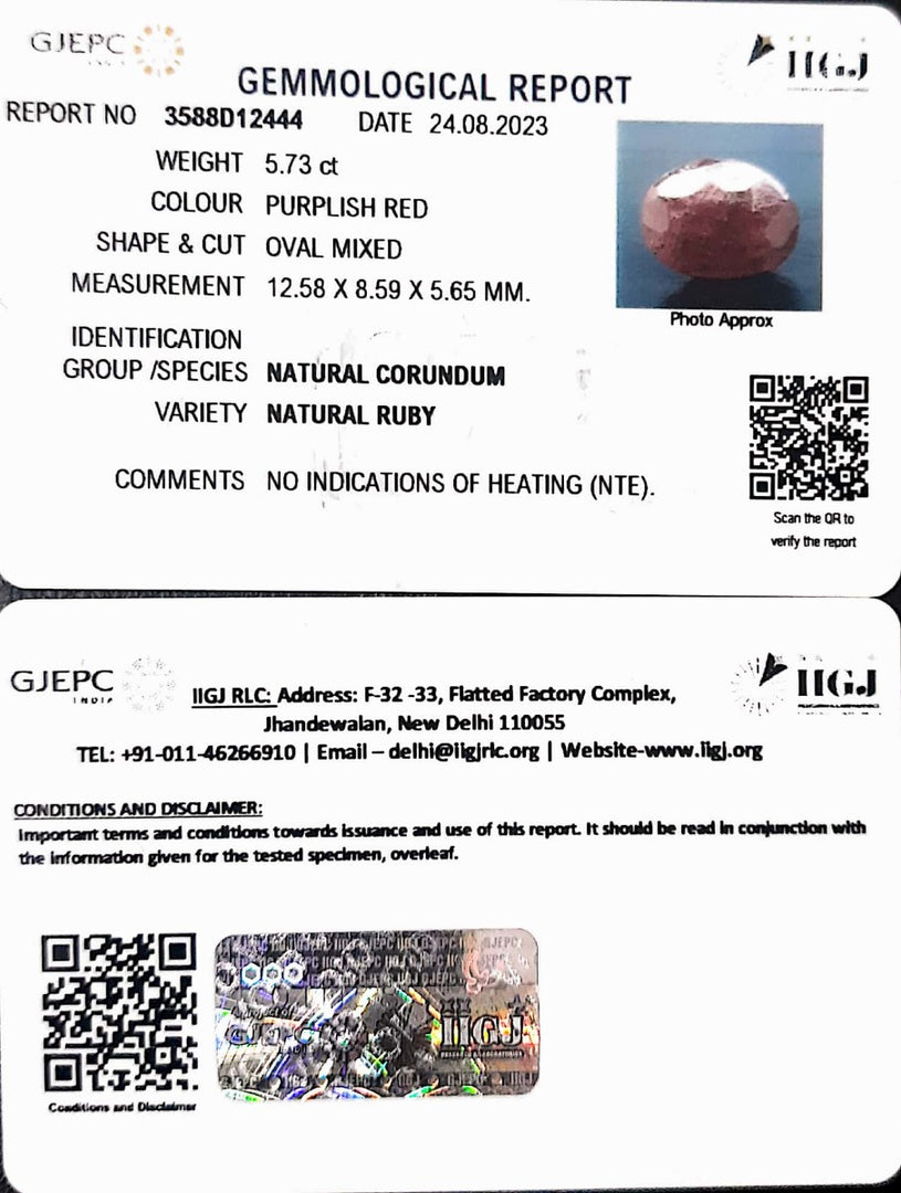 5.73/CT Natural Indian Ruby with Govt. Lab Certificate (1221)