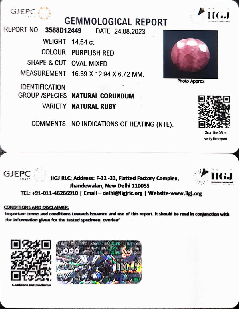 14.54/CT Natural Indian Ruby with Govt. Lab Certificate (1221)