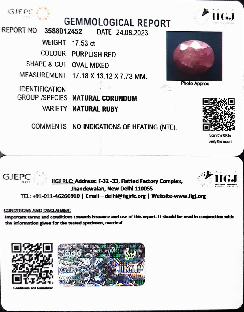 17.53/CT Natural Indian Ruby with Govt. Lab Certificate (1221)