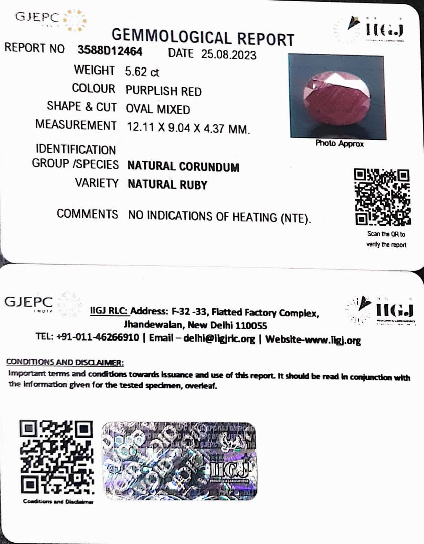 5.62/CT Natural Indian Ruby with Govt. Lab Certificate (1221)