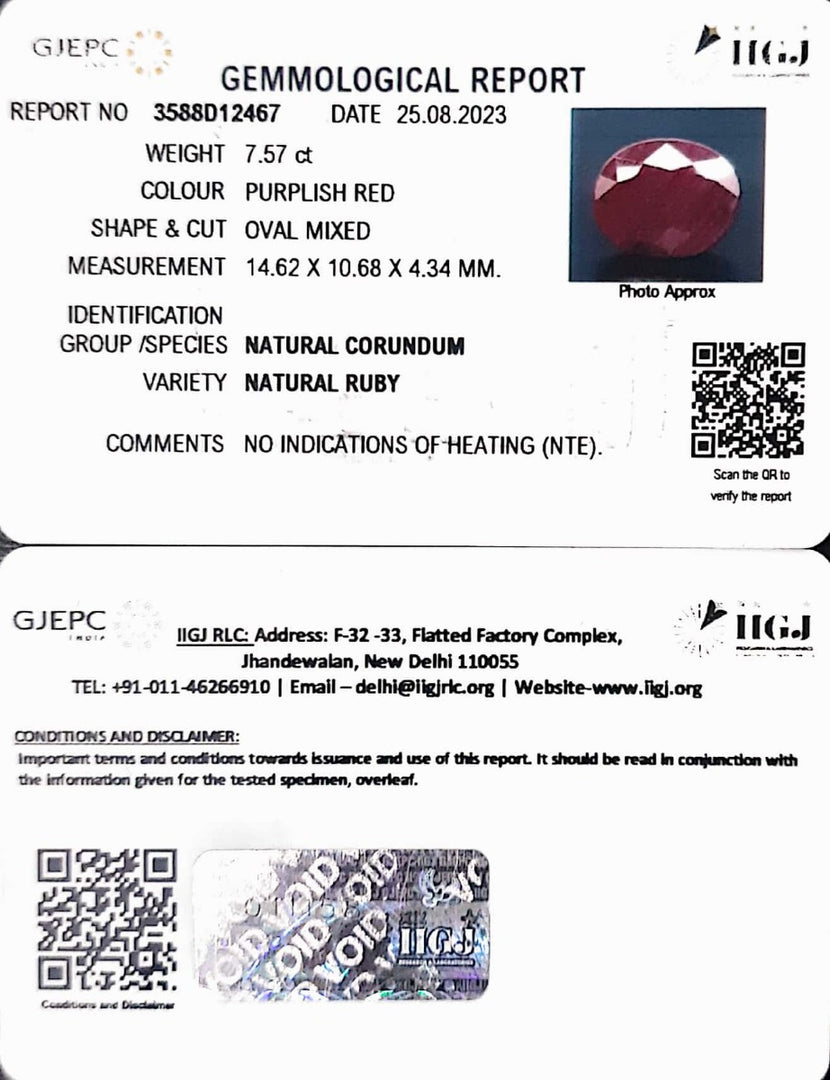 7.57/CT Natural Indian Ruby with Govt. Lab Certificate (1221)