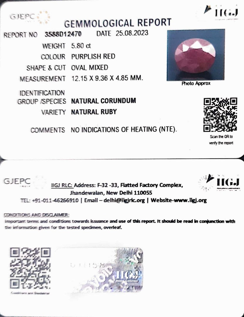 5.80/CT Natural Indian Ruby with Govt. Lab Certificate (1221)