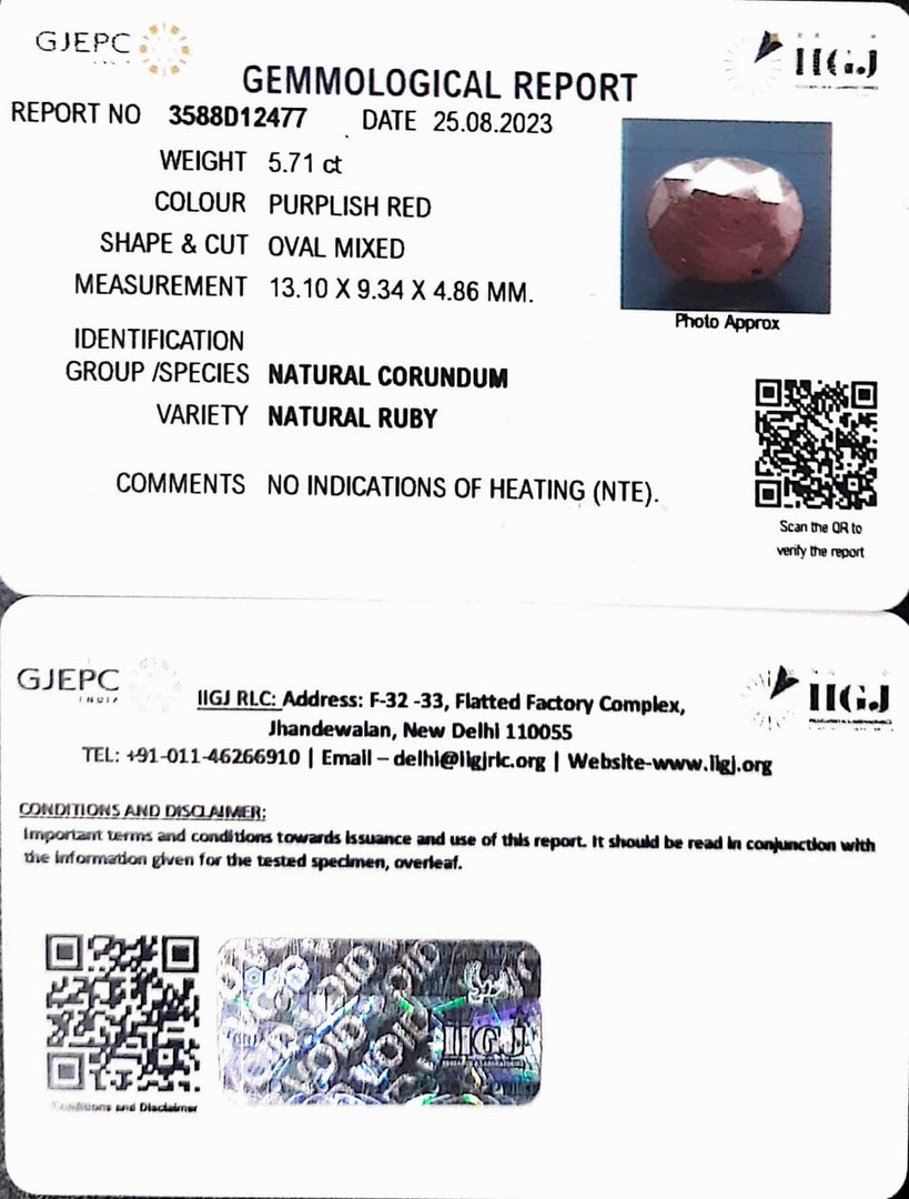 5.71/CT Natural Indian Ruby with Govt. Lab Certificate (1221)