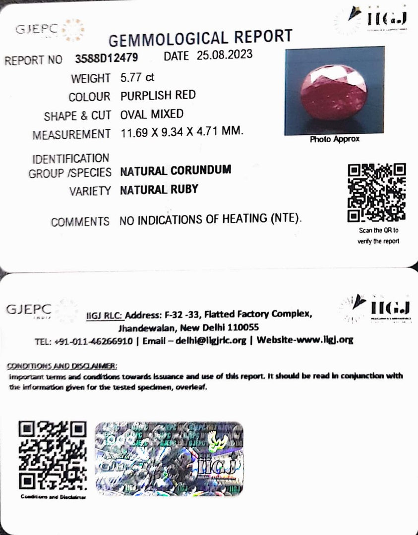 5.77/CT Natural Indian Ruby with Govt. Lab Certificate (1221)