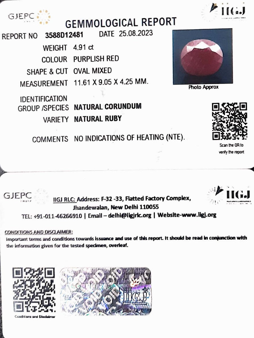 4.91/CT Natural Indian Ruby with Govt. Lab Certificate (1221)