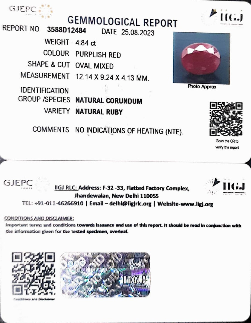 4.84/CT Natural Indian Ruby with Govt. Lab Certificate (1221)