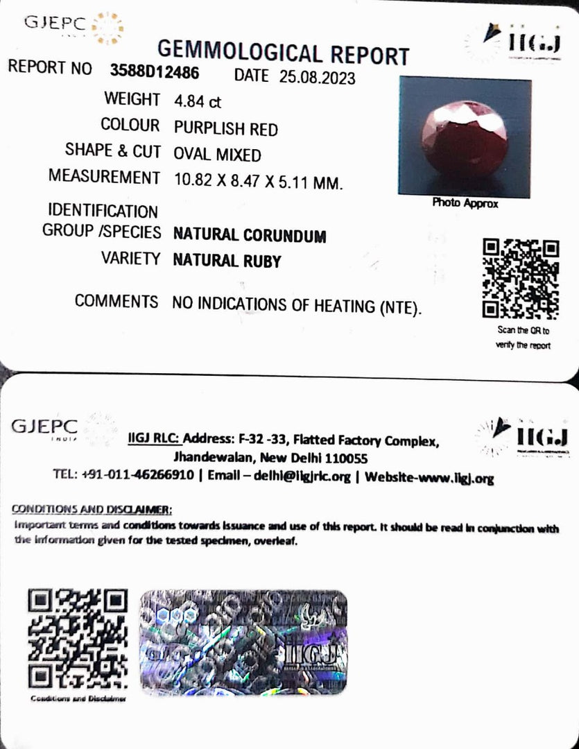 4.84/CT Natural Neo Burma Ruby with Govt. Lab Certificate (3441)