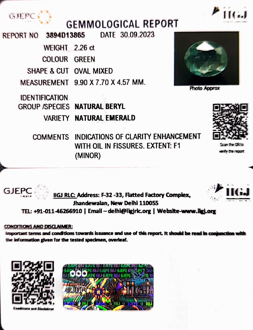 2.26/CT Natural Panna Stone with Govt. Lab Certificate  (23310)