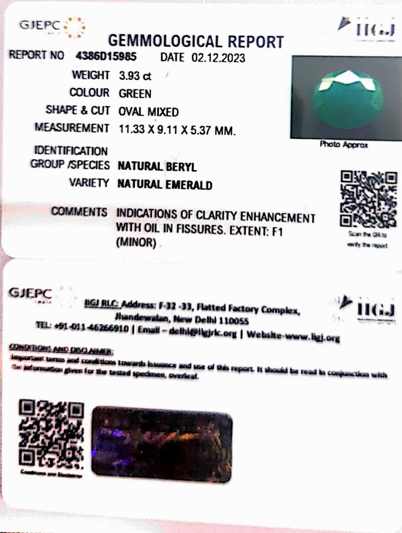 3.93/CT Natural Panna Stone with Govt. Lab Certificate (6771)