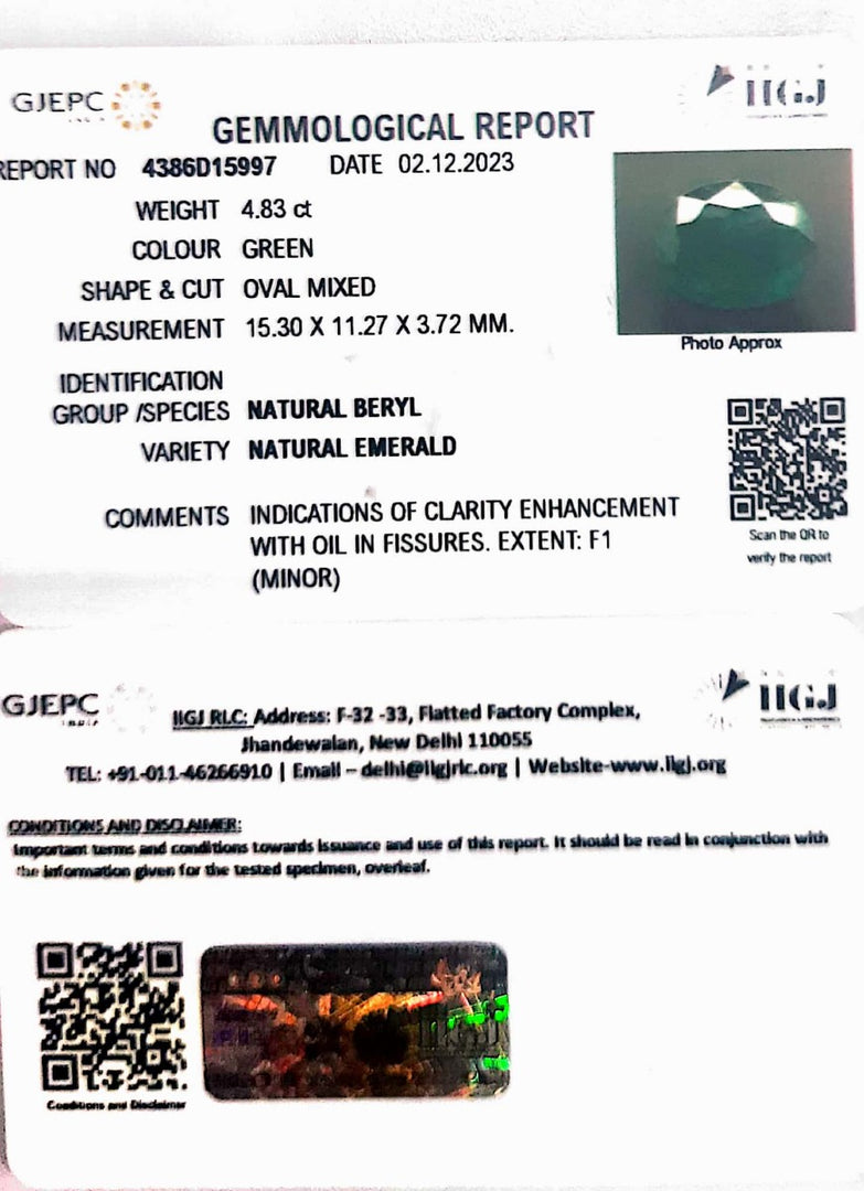 4.83/CT Natural Panna Stone with Govt. Lab Certificate  (34410)