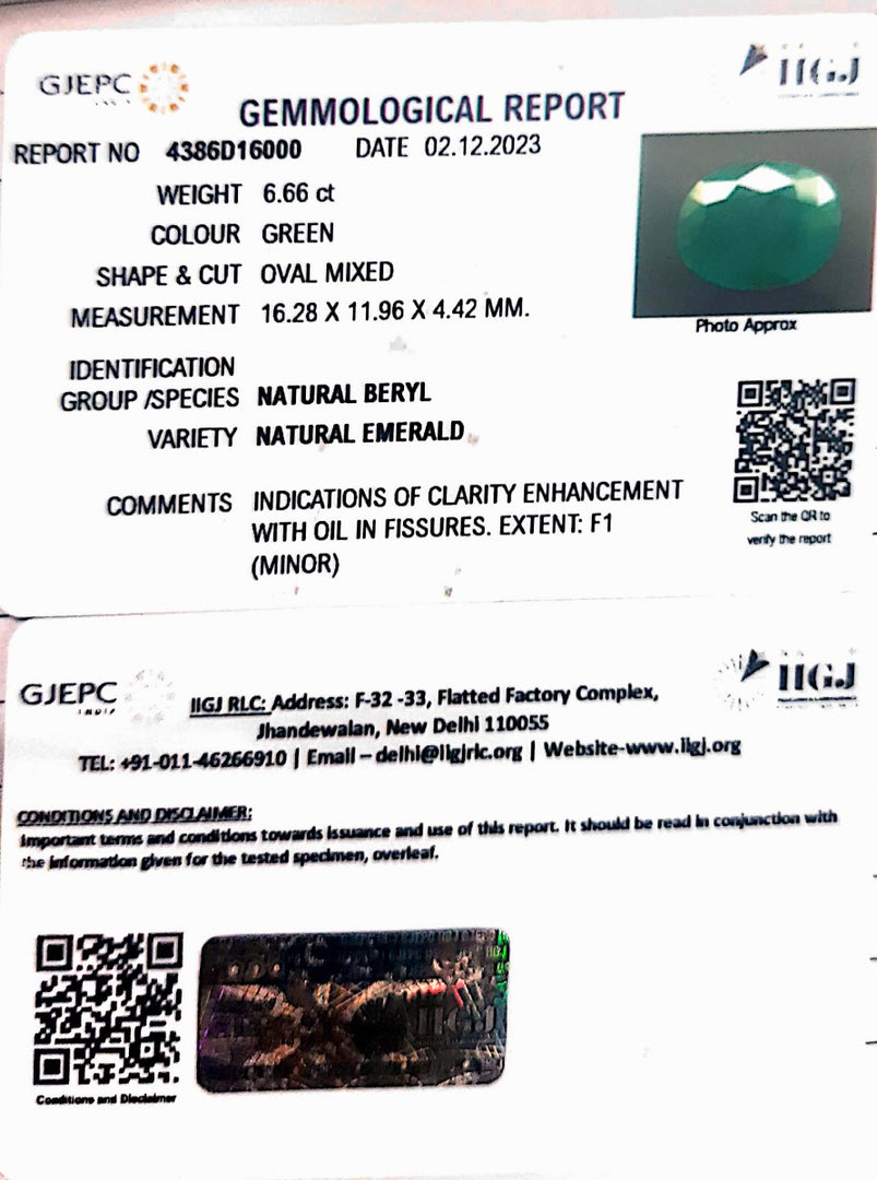 6.66/CT Natural Panna Stone with Govt. Lab Certificate  (8991)