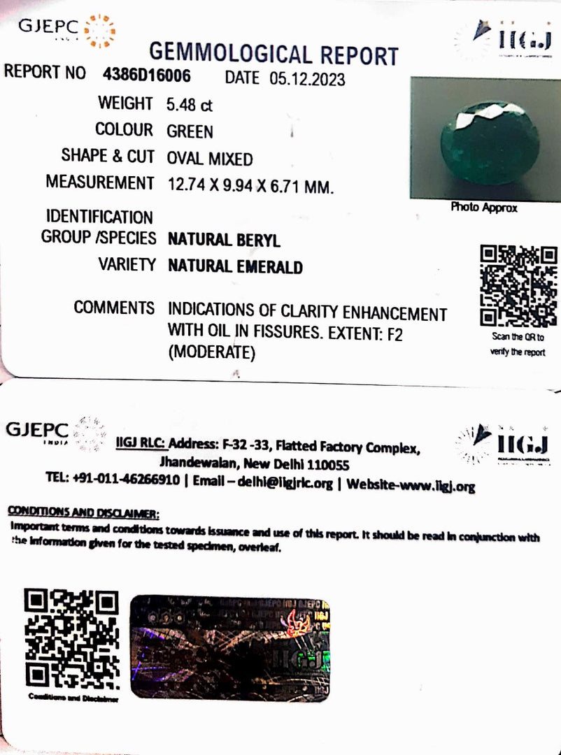 5.48/CT Natural Panna Stone with Govt. Lab Certificate  (34410)