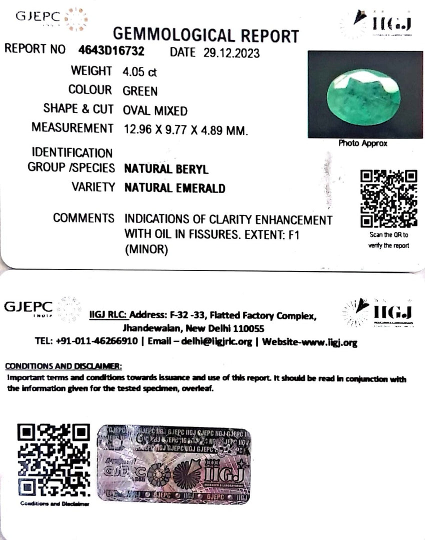 4.97/CT Natural Panna Stone with Govt. Lab Certificate (8991)