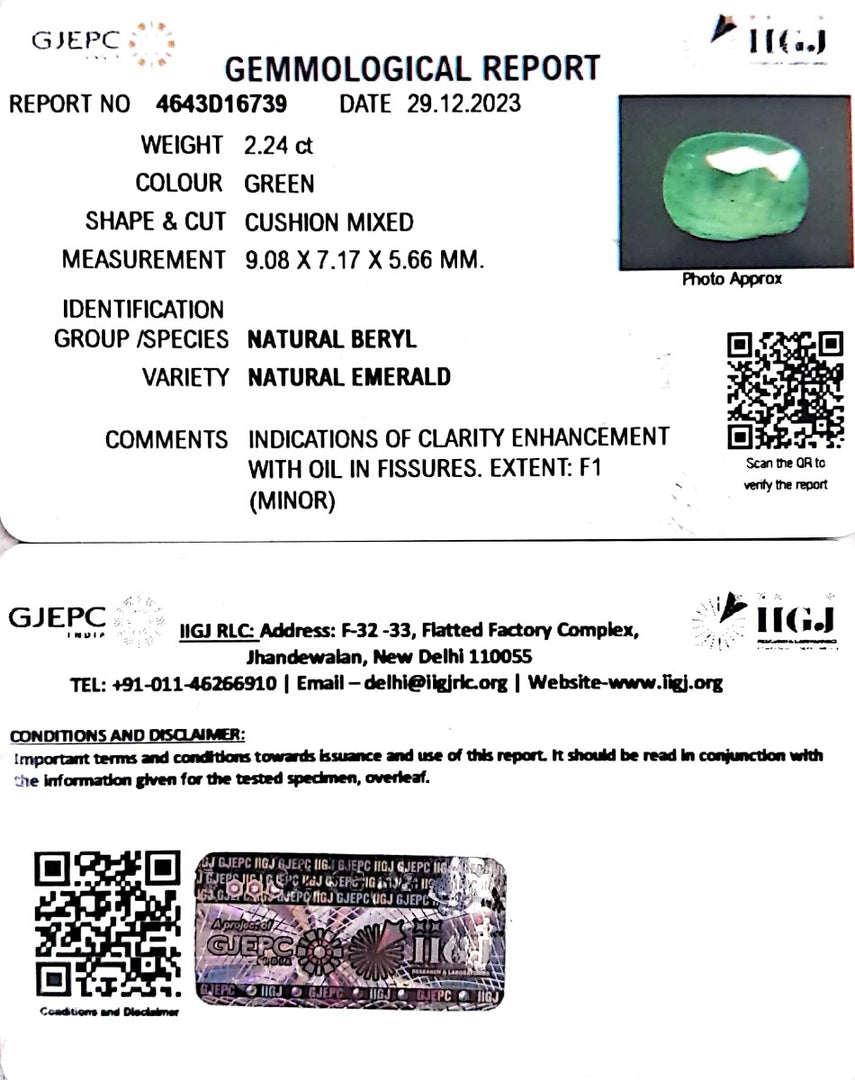 2.24/CT Natural Panna Stone with Govt. Lab Certificate  (8991)