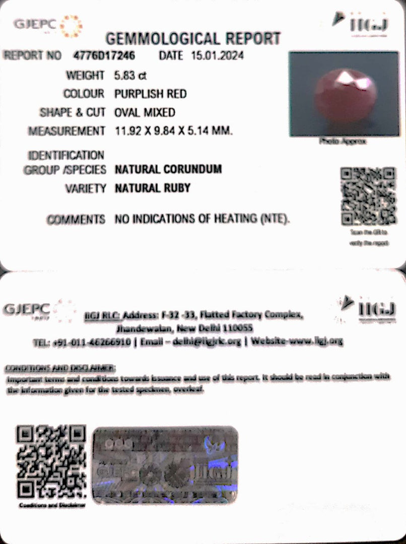 5.83/CT Natural new Burma Ruby with Govt. Lab Certificate (2331)