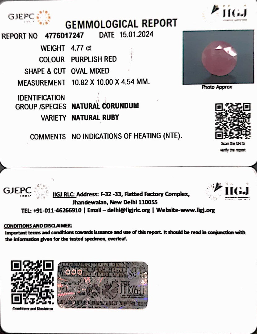 4.77/CT Natural Mozambique Ruby with Govt. Lab Certificate (7881)