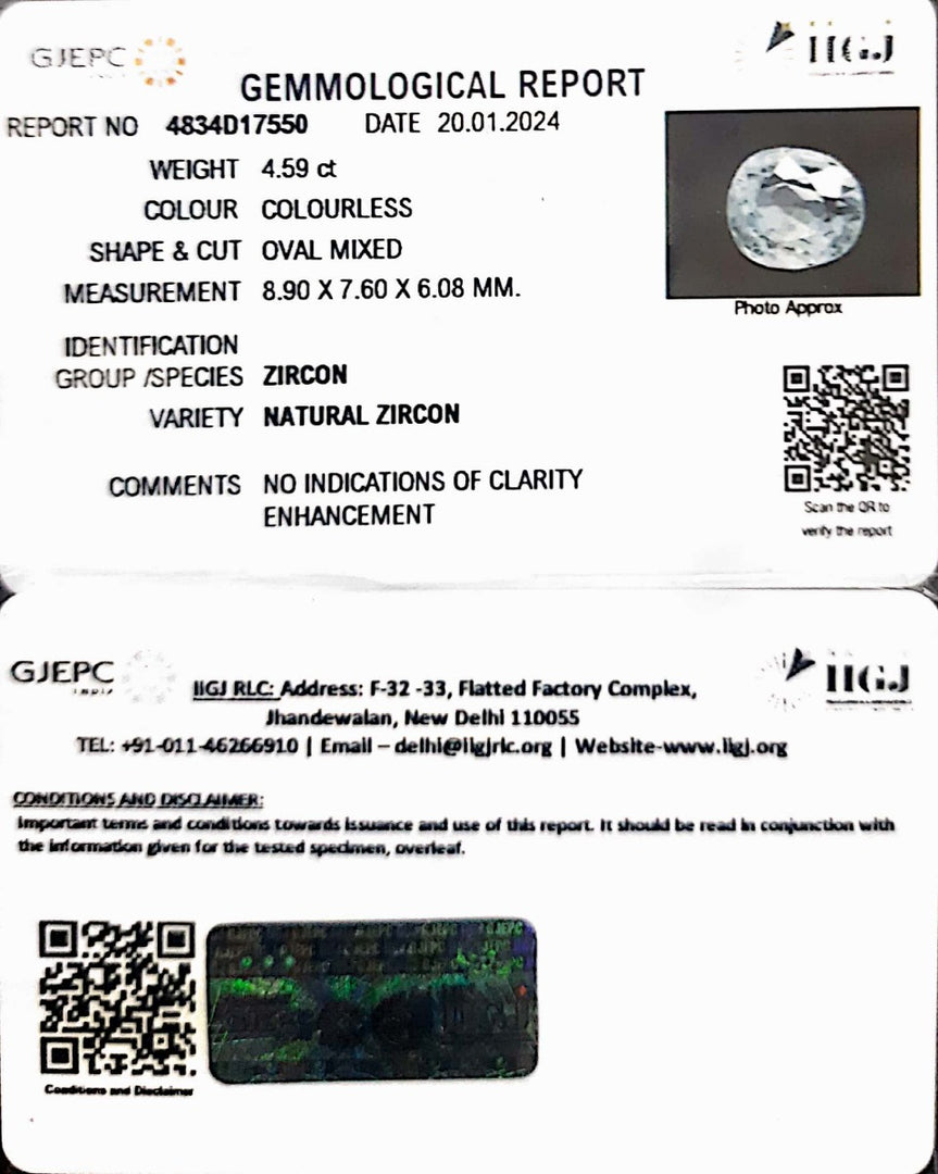 4.59/CT Natural Zircon with Govt. Lab certificate (4551)