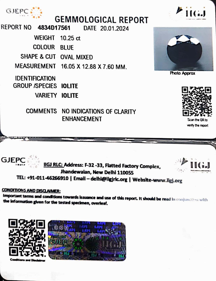 10.25/CT Natural Iolite with Govt Lab Certificate (1221)