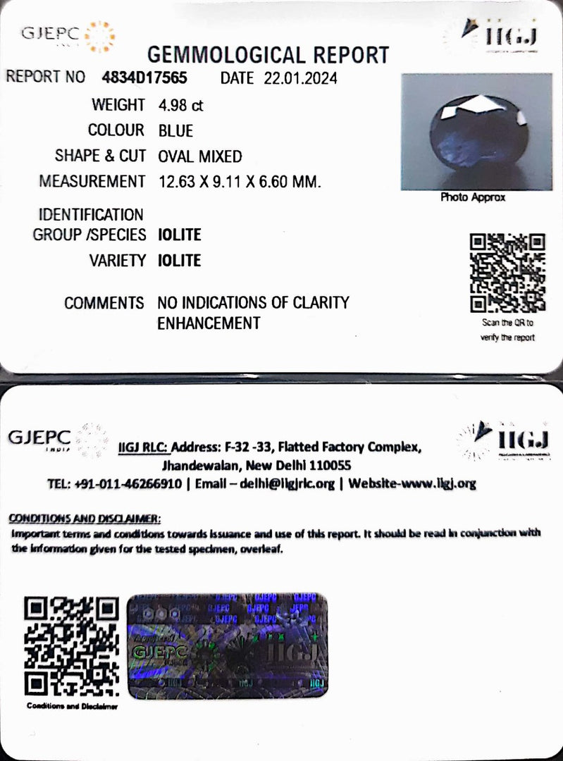 4.98/CT Natural Iolite with Govt Lab Certificate (1221)