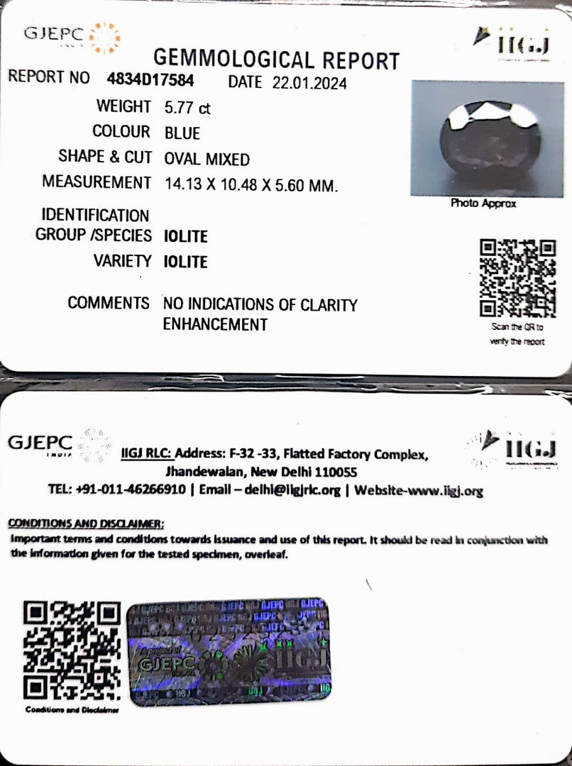 5.77/CT Natural Iolite with Govt Lab Certificate (2331)