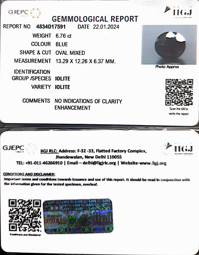 6.76/CT Natural Iolite with Govt Lab Certificate (832)