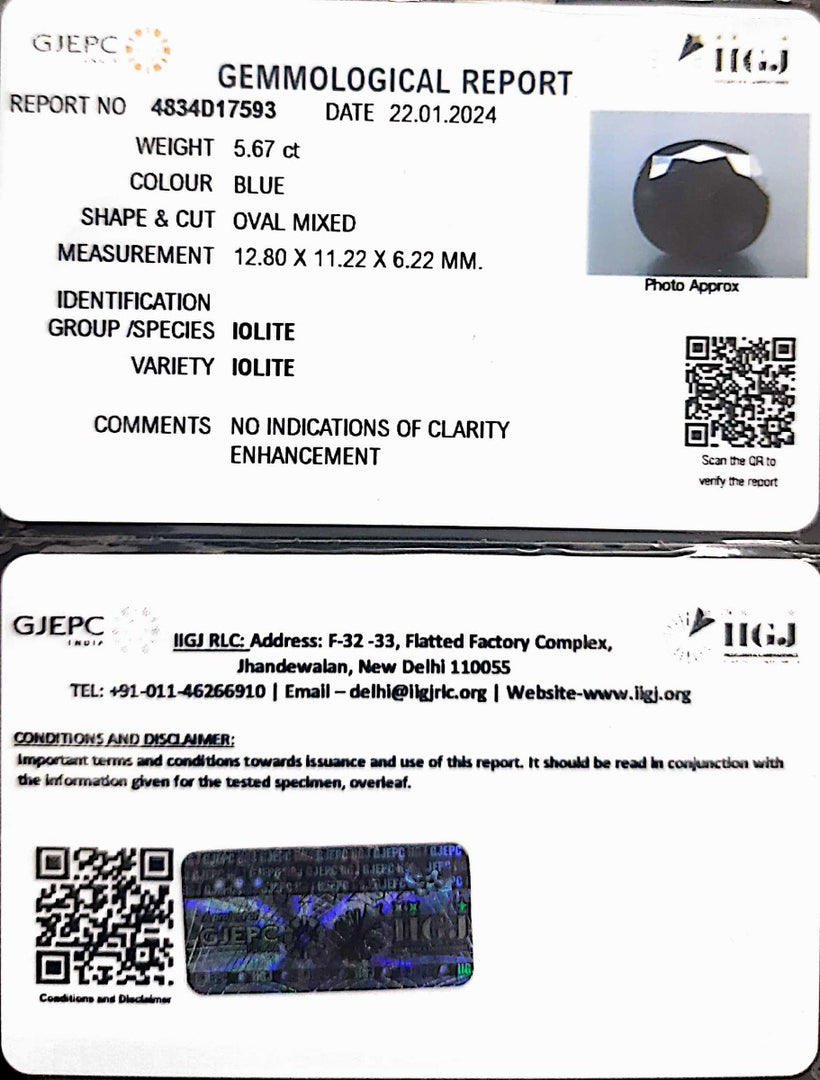 5.67/CT Natural Iolite with Govt Lab Certificate (832)