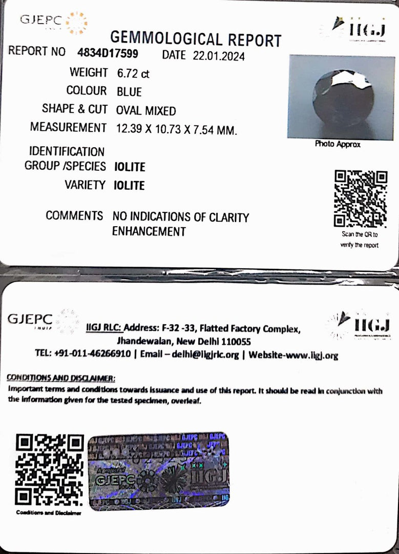 6.72/CT Natural Iolite with Govt Lab Certificate (832)