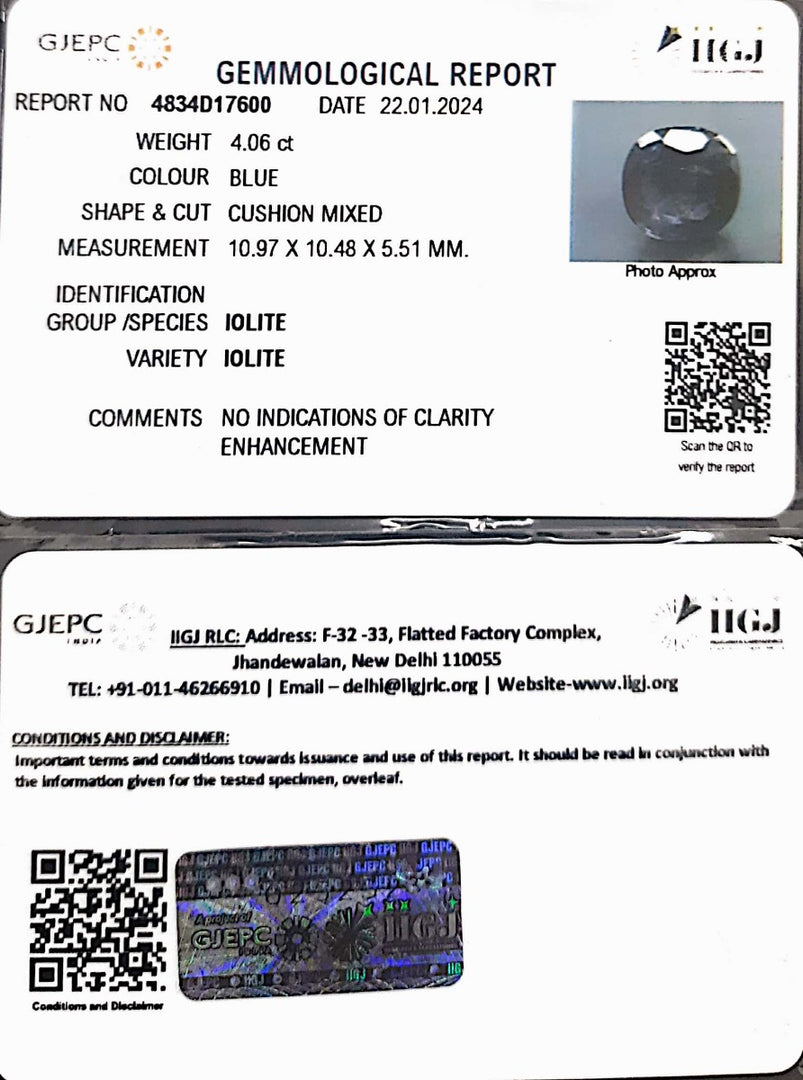 4.06/CT Natural Iolite with Govt Lab Certificate (1221)